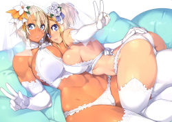 Rule 34 | 23 (real xxiii), 2girls, abs, ass, blonde hair, blue eyes, blush, breasts, bridal lingerie, bridal veil, bride, cleavage, covered erect nipples, curvy, dark-skinned female, dark skin, elbow gloves, female focus, flower, gloves, hair flower, hair ornament, hand on own ass, highres, huge breasts, jewelry, large breasts, lingerie, long hair, looking at viewer, multiple girls, muscular, navel, original, panties, parted lips, pillow, ring, sela (23), short hair, sideboob, smile, thick thighs, thighhighs, thighs, toned, underwear, underwear only, ursula (23), v, veil, wedding band, white gloves, white legwear, white panties, wide hips, wife and wife, yuri