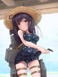 Rule 34 | blue one-piece swimsuit, casual one-piece swimsuit, day, em s, hat, highres, kantai collection, official alternate costume, one-piece swimsuit, polka dot, polka dot one-piece swimsuit, polka dot swimsuit, straw hat, swimsuit, ushio (kancolle)