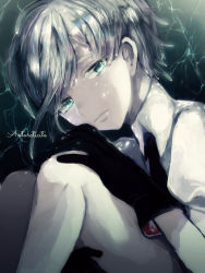 Rule 34 | 10s, 1other, androgynous, antarcticite, black gloves, black necktie, canarinu, character name, closed mouth, eyelashes, gloves, green eyes, grey eyes, hand on own knee, houseki no kuni, hugging own legs, light frown, looking at viewer, necktie, shade, short hair, silver hair, simple background, sitting, solo, sparkle, swept bangs, uniform