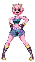 Rule 34 | 10s, 1girl, artist request, ashido mina, black sclera, boku no hero academia, boots, boxing gloves, breasts, character name, collarbone, colored sclera, colored skin, facing viewer, full body, gloves, hands on own hips, happy, horns, looking up, messy hair, midriff, open mouth, pink hair, pink skin, shoes, short hair, shorts, simple background, smile, solo, standing, tank top, teeth, tongue, white background, yellow eyes