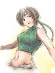 Rule 34 | 1990s (style), 1girl, bare shoulders, brown eyes, brown hair, final fantasy, final fantasy vii, green shirt, head tilt, headband, kuzumin, midriff, ribbed sweater, shirt, short hair, sketch, sleeveless, sleeveless turtleneck, smile, solo, sweater, turtleneck, yuffie kisaragi