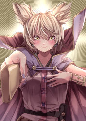 Rule 34 | 1girl, absurdres, belt, blouse, blush, bracelet, breasts, cape, closed mouth, commentary request, earmuffs, eyebrows hidden by hair, foreshortening, gold trim, hair between eyes, hair flaps, hand on own chest, highres, holding, holding stick, jewelry, light brown hair, looking at viewer, mahoro (minase mahoro), medium breasts, nail polish, outstretched arm, pink shirt, pointy hair, purple cape, purple nails, ritual baton, shirt, short hair, sleeveless, sleeveless shirt, smile, solo, stick, sunburst, touhou, toyosatomimi no miko, upper body, v-shaped eyebrows, yellow eyes