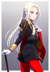 Rule 34 | 1girl, ascot, bad id, bad twitter id, blonde hair, cape, closed mouth, doku ringo36, edelgard von hresvelg, fire emblem, fire emblem: three houses, from side, gloves, grey background, hair ribbon, highres, long hair, long sleeves, looking to the side, nintendo, pantyhose, purple eyes, red cape, red pantyhose, ribbon, simple background, smile, solo, uniform, white gloves