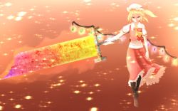 Rule 34 | 1girl, ascot, black pantyhose, blonde hair, blood, bloody weapon, broken, broken sword, broken weapon, flandre scarlet, frilled skirt, frills, glowing, hat, hat ribbon, highres, kabimeshi (mold rice), kubrick stare, light particles, looking at viewer, mob cap, no shoes, outstretched arm, pantyhose, red background, red eyes, ribbon, rust, short sleeves, side ponytail, simple background, skirt, skirt set, solo, sword, touhou, walking, weapon, wind, wings