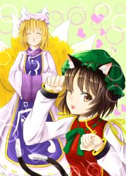Rule 34 | 2girls, animal ears, bad id, bad pixiv id, blonde hair, blood, blush, brown eyes, brown hair, cat ears, cat tail, chen, dress, earrings, closed eyes, fox ears, fox tail, green background, hands in opposite sleeves, hat, heart, heart background, highres, jewelry, kuwahara taiki, long sleeves, looking at viewer, mob cap, multiple girls, multiple tails, nosebleed, one eye closed, paw pose, short hair, simple background, single earring, smile, tabard, tail, tongue, tongue out, touhou, white dress, wide sleeves, yakumo ran