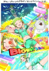 Rule 34 | 1girl, :d, arm up, arms up, border, closed eyes, commentary request, cone hair bun, crystal, detached sleeves, double bun, facing away, facing viewer, fang, flower, food, fruit, green hair, green shirt, green shorts, hair bun, hand over eye, highres, holding, holding food, idol clothes, instrument, lion, looking at viewer, mallet (instrument), midriff, morizono wakana, multiple views, murakami hisashi, open mouth, orange (fruit), orange flower, orange slice, outside border, outstretched arms, pretty rhythm, pretty rhythm rainbow live, pretty series, puffy short sleeves, puffy sleeves, purple eyes, purple flower, red flower, shirt, short hair, short sleeves, shorts, smile, song name, sparkle, spread arms, standing, translation request, white border, white shirt, white shorts, xylophone, yellow flower