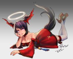 Rule 34 | 10s, 1girl, 2015, aged up, bad id, bad pixiv id, black hair, breasts, choker, dated, detached sleeves, dress, earrings, elin, full body, glint, gradient background, halo, head rest, head wings, high heels, jewelry, looking up, lying, noixen, on stomach, purple eyes, shoes, short hair, smile, solo, tail, tera online, thighhighs, white thighhighs, wings