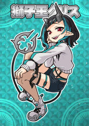Rule 34 | 1girl, aqua background, black hair, black shorts, blue background, blue hair, broken horn, commentary request, demon girl, demon horns, demon tail, fang, flat chest, full body, grey choker, grey horns, hand on own cheek, hand on own face, heebee, highres, horns, long sleeves, looking at viewer, medium hair, midriff, multicolored hair, nanashi inc., navel, official alternate costume, open mouth, outline, pointy ears, red eyes, shishio chris, shishio chris (2nd costume), shoes, shorts, smile, sneakers, solo, sugar lyric, sweater, tail, two-tone hair, virtual youtuber, white footwear, white outline, white sweater