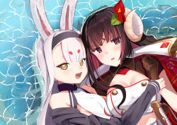 Rule 34 | 2girls, animal ears, azur lane, bare shoulders, black hairband, breasts, brown eyes, brown gloves, brown hair, cleavage, commentary request, curled horns, gloves, grey hair, hairband, horns, in water, large breasts, long hair, multiple girls, rabbit ears, schreibe shura, shimakaze (azur lane), small breasts, suruga (azur lane)
