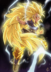 Rule 34 | 1girl, alternate universe, benoit picard, black tank top, blonde hair, breasts, commentary, dragon ball, energy, english commentary, green eyes, highres, long hair, looking at viewer, orange pants, pan (dragon ball), pants, serious, small breasts, solo, spiked hair, super saiyan, super saiyan 3, tank top, torn clothes, very long hair