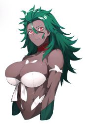 Rule 34 | 1girl, bad id, bad pixiv id, bikini, bodypaint, breasts, closed mouth, creatures (company), cropped arms, cropped torso, dark-skinned female, dark skin, flipped hair, game freak, gen 8 pokemon, green hair, hair between eyes, hair slicked back, hair strand, highres, large breasts, long hair, looking at viewer, navel, nintendo, personification, pokemon, pokemon swsh, red eyes, rillaboom, simple background, skindentation, solo, swimsuit, wakahiko, white background, white bikini