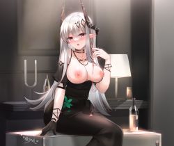 Rule 34 | 1girl, :o, absurdres, alcohol, anklet, arknights, bad id, bad pixiv id, black choker, black dress, black footwear, black gloves, blush, bottle, bracelet, breasts, breasts out, candle, choker, cleavage, closed mouth, clothes lift, collarbone, cup, detached sleeves, dress, drink, drinking glass, earrings, full body, gloves, hair ornament, hammer, heart, high heels, highres, holding, holding cup, horns, indoors, jewelry, lamp, large breasts, lingshalan, long hair, looking at viewer, mudrock (arknights), mudrock (obsidian) (arknights), necklace, nipples, official alternate costume, pointy ears, purple eyes, short sleeves, signature, single earring, single glove, sitting, smile, solo, very long hair, white wine, wine
