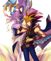 Rule 34 | 1girl, black shirt, blonde hair, blouse, commentary request, dark magician, dark magician girl, duel monster, dyed bangs, hat, highres, long hair, multiple boys, muto yugi, open mouth, poo-kame, shirt, sleeveless, sleeveless shirt, spiked hair, wizard hat, yami yugi, yu-gi-oh!, yu-gi-oh! duel monsters