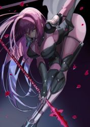 Rule 34 | 1girl, armor, bent over, bodysuit, breasts, fate/grand order, fate (series), gae bolg (fate), hair intakes, hanging breasts, holding, holding weapon, large breasts, leotard, long hair, looking at viewer, mins (minevi), pauldrons, polearm, purple bodysuit, purple hair, purple leotard, red eyes, scathach (fate), scathach (fate), shoulder armor, smile, spear, weapon