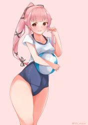 Rule 34 | 1girl, absurdres, alternate costume, alternate eye color, ball, beachball, black ribbon, blue eyes, blue one-piece swimsuit, blush, breast press, breasts, collarbone, covered navel, hair flaps, hair ribbon, highres, kantai collection, long hair, looking at viewer, old school swimsuit, one-piece swimsuit, open mouth, pink background, pink hair, ponytail, ribbon, school swimsuit, short sleeves, side ponytail, simple background, small breasts, smile, solo, swimsuit, swimsuit under clothes, twitter username, uut, very long hair, yura (kancolle)