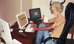 Rule 34 | 1boy, black eyes, chair, claws, closed mouth, cup, darandy, denim, desk, grey hair, highres, holding, holding cup, horns, indoors, jeans, keyboard (computer), looking at viewer, male focus, monitor, mouse (computer), mug, office chair, original, pants, sitting, solo, swivel chair, topless male, typing