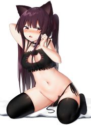 Rule 34 | 1girl, animal ears, bad id, bad pixiv id, bare shoulders, bell, between legs, black panties, black ribbon, blush, bra, breasts, cat cutout, cat ear panties, cat ears, cat lingerie, choker, cleavage, cleavage cutout, clothing cutout, collarbone, copiz, frilled bra, frills, girls&#039; frontline, groin, hair ribbon, half updo, hand between legs, highres, jingle bell, large breasts, lingerie, long hair, looking at viewer, meme attire, navel, one side up, panties, paw pose, purple hair, red eyes, ribbon, side-tie panties, simple background, sitting, solo, squiggle, stomach, tail, tearing up, thighs, underwear, underwear only, untied panties, very long hair, wa2000 (girls&#039; frontline), wariza, white background
