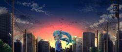 Rule 34 | 1girl, aqua hair, bird, building, cable, chamaji, cloud, commentary request, detached sleeves, closed eyes, flock, gradient hair, hair ornament, hatsune miku, headphones, headset, highres, lamppost, long hair, multicolored hair, necktie, outdoors, skirt, sky, skyline, sleeveless, smile, solo, star (sky), starry sky, sunset, tattoo, tree, twilight, twintails, utility pole, vocaloid
