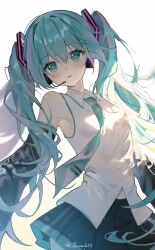 Rule 34 | 1girl, aqua hair, aqua necktie, armpit peek, bare shoulders, black skirt, black sleeves, blue eyes, blush, breasts, collared shirt, commentary, detached sleeves, hair between eyes, hair ornament, hatsune miku, headset, highres, long hair, looking at viewer, luna (luna610), midriff peek, necktie, parted lips, pleated skirt, shirt, skirt, sleeveless, sleeveless shirt, small breasts, solo, twintails, twitter username, very long hair, vocaloid, white shirt