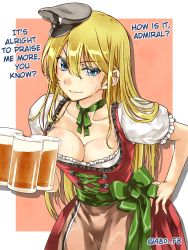 Rule 34 | 10s, 1girl, ?, abo (hechouchou), alcohol, beer, beer mug, bismarck (kancolle), blonde hair, blue eyes, breasts, cleavage, cup, dirndl, dress, drink, english text, female focus, frilled dress, frills, german clothes, hair between eyes, hand on own hip, hard-translated, hat, highres, holding, kantai collection, large breasts, leaning, leaning forward, long hair, looking at viewer, military hat, mug, naughty face, neck, neck ribbon, peaked cap, puffy sleeves, ribbon, short sleeves, simple background, smile, solo, sweat, sweatdrop, third-party edit, translated, twitter username, upper body