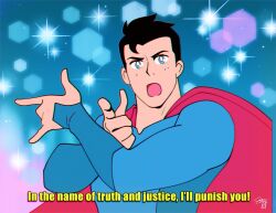 Rule 34 | 1990s (style), 1boy, animification, artist name, bishoujo senshi sailor moon, black hair, blue bodysuit, blue eyes, bodysuit, cape, clark kent, comickergirl, dc comics, male focus, muscular, muscular male, my adventures with superman, open mouth, pointing, red cape, retro artstyle, short hair, solo, sparkling eyes, superman, superman (series), upper body