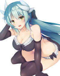 Rule 34 | 1girl, :d, arm behind head, arm up, bare shoulders, bikini, black bikini, black bow, black gloves, black thighhighs, blue hair, blush, bow, breasts, cleavage, collarbone, commentary request, dragon girl, dragon horns, elbow gloves, fate/grand order, fate (series), frilled bikini, frills, from above, gloves, hair between eyes, hair bow, head tilt, highres, horns, kiyohime (fate), large breasts, long hair, looking at viewer, open mouth, sidelocks, simple background, sitting, smile, solo, swimsuit, thighhighs, very long hair, white background, yellow eyes, yokozuwari, yuki kawachi