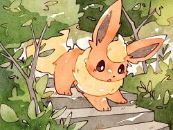 Rule 34 | :o, bright pupils, brown eyes, bush, creatures (company), flareon, full body, game freak, gen 1 pokemon, highres, nintendo, no humans, open mouth, outdoors, pokemon, pokemon (creature), solo, stairs, tree, white pupils, zugvogel 0525