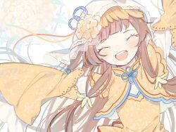 Rule 34 | 1girl, basu (buskillua25), brown hair, capelet, china dress, chinese clothes, closed eyes, clothing request, detached sleeves, dress, facing viewer, flower, food fantasy, highres, long hair, open mouth, orange capelet, orange dress, pineapple cake (food fantasy), smile, solo, teeth, veil, yellow flower