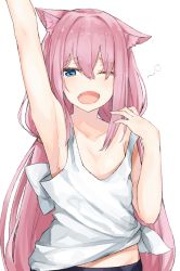 Rule 34 | 1girl, animal ear fluff, animal ears, arm up, bare arms, bare shoulders, bike shorts, black cola, black shorts, blue eyes, cat ears, collarbone, fang, hair between eyes, highres, hinata channel, nekomiya hinata, one eye closed, open mouth, pink hair, shirt, shorts, simple background, solo, stretching, tank top, tears, virtual youtuber, white background, white shirt