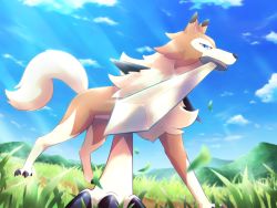 Rule 34 | blue eyes, claws, cloud, commentary request, creatures (company), day, from below, game freak, gen 7 pokemon, grass, hill, kemonobito, falling leaves, lycanroc, lycanroc (midday), mouth hold, nintendo, no humans, outdoors, pokemon, pokemon (creature), sky, solo, standing, sword, weapon