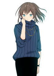 Rule 34 | 1girl, bad id, bad pixiv id, black pants, blue eyes, blue sweater, brown hair, commentary request, cowboy shot, hair between eyes, hand up, high ponytail, kurata rine, long sleeves, looking at viewer, original, pants, ponytail, ribbed sweater, simple background, solo, standing, sweater, turtleneck, turtleneck sweater, watch, white background, wristwatch