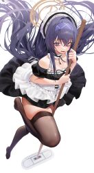 Rule 34 | 1girl, absurdres, alternate costume, apron, black dress, black hair, black thighhighs, blue archive, blush, breasts, dress, enmaided, full body, halo, highres, holding, holding mop, long hair, looking at viewer, maid, maid apron, maid headdress, mop, open mouth, purple eyes, short sleeves, sihana156, simple background, small breasts, solo, thighhighs, ui (blue archive), white apron, white background