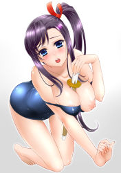 Rule 34 | 1girl, akito (ao&#039;s club), amaya haruko, barefoot, bent over, between breasts, blue eyes, blush, breasts, highres, katana, kneeling, large breasts, maken-ki!, nipples, one-piece swimsuit, open mouth, ponytail, puffy nipples, purple hair, school swimsuit, shinai, solo, swimsuit, sword, weapon