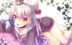 Rule 34 | 10s, 1girl, amatsukaze (kancolle), bad id, bad nicoseiga id, bare legs, barefoot, brown eyes, choker, dress, food, fruit, gloves, grapes, hair tubes, headgear, kantai collection, long hair, looking at viewer, lying, neckerchief, on stomach, pillow, sailor collar, sailor dress, short dress, silver hair, simple background, solo, tahya, the pose, two side up, white gloves