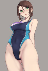 Rule 34 | 1girl, arms behind back, blush, breasts, brown hair, competition swimsuit, cowboy shot, female pubic hair, glasses, gluteal fold, green eyes, grey background, hair bun, highleg, highleg swimsuit, large breasts, long hair, mole, mole under mouth, nagioka, one-piece swimsuit, open mouth, original, pubic hair, pussy juice, simple background, single hair bun, solo, swimsuit