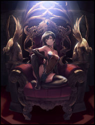 Rule 34 | 1girl, absurdres, bare shoulders, black footwear, black hair, boots, border, breasts, chair, cleavage, covered navel, earrings, elbow gloves, fisheye, gloves, grin, head tilt, highres, indoors, jewelry, long hair, looking at viewer, navel, necklace, original, oz (gerbera7), partially fingerless gloves, pelvic curtain, red eyes, revealing clothes, see-through, sitting, smile, solo, thigh boots, thighhighs