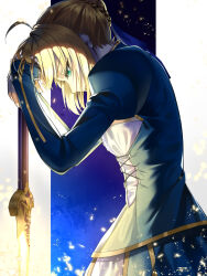 Rule 34 | 1girl, ahoge, armor, artoria pendragon (all), artoria pendragon (fate), blonde hair, braid, delsaber, dress, excalibur (fate/stay night), fate/grand order, fate/stay night, fate (series), green eyes, hair ribbon, hands on hilt, highres, looking down, ribbon, saber (fate), short hair, sidelocks, simple background, solo, weapon