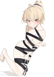 Rule 34 | 1girl, absurdres, ahoge, andou tazusa, arm under breasts, assault lily, barefoot, black ribbon, blonde hair, blush, bound, breasts, cleavage, collarbone, commentary, embarrassed, fataaa, foot out of frame, foot up, hair between eyes, hair ribbon, hand on own thigh, hand up, high ponytail, highres, kneeling, leg ribbon, looking at viewer, medium breasts, naked ribbon, parted lips, ponytail, purple ribbon, red eyes, restrained, ribbon, short hair, simple background, single thighhigh, solo, sweat, symbol-only commentary, tearing up, thighhighs, two-tone ribbon, wavy mouth, white background, white thighhighs