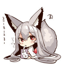 Rule 34 | 1girl, absurdly long hair, animal ear fluff, animal ears, barefoot, bendy straw, blush, chibi, closed mouth, dated, drinking, drinking straw, fox ears, fox girl, fox tail, full body, hair between eyes, japanese clothes, juice box, kimono, long hair, looking at viewer, original, patch, red eyes, signature, silver hair, simple background, sitting, solo, tail, very long hair, white background, white kimono, yuuji (yukimimi)