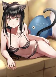 Rule 34 | 1girl, animal ear fluff, animal ears, bare arms, bare shoulders, black hair, bra, breasts, cat ears, cat girl, cat tail, cleavage, collarbone, couch, front-tie bra, front-tie top, grey bra, grey panties, groin, highres, long hair, looking at viewer, medium breasts, mia (fai1510), mole, mole on breast, navel, on couch, original, panties, pillow, ponytail, sitting, slit pupils, solo, stomach, string bra, striped bra, striped clothes, striped panties, tail, tail raised, thighs, underwear, underwear only, yellow eyes, yokozuwari