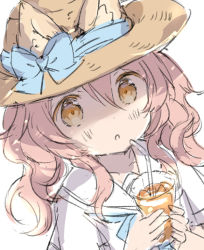 Rule 34 | 1girl, :o, animal ear fluff, animal ears, bendy straw, blue bow, bow, brown eyes, brown hair, brown hat, commentary, cup, drink, drinking glass, drinking straw, ears through headwear, hands up, hat, hat bow, holding, holding cup, ice, ice cube, long hair, looking at viewer, original, parted lips, pink hair, sailor collar, school uniform, serafuku, shirt, short sleeves, simple background, solo, symbol-only commentary, upper body, wataame27, white background, white sailor collar, white shirt, wolf-chan (wataame27), wolf ears
