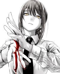 Rule 34 | 1girl, akegata tobari, blood, braid, braided ponytail, chainsaw man, closed mouth, collared shirt, commentary, dress shirt, expressionless, greyscale, hair between eyes, highres, lips, long sleeves, looking at viewer, makima (chainsaw man), medium hair, monochrome, necktie, own hands together, palms together, ringed eyes, shirt, simple background, solo, spot color, upper body, white background, yellow eyes