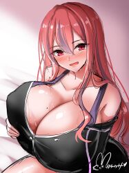 Rule 34 | 1girl, absurdres, azur lane, bare shoulders, bed sheet, black jacket, blush, breasts, bremerton (azur lane), bremerton (relaxation consultation) (azur lane), cleavage, collarbone, commentary request, grabbing own breast, hair between eyes, hair down, heart, highres, hisin, huge breasts, indoors, jacket, long hair, looking at viewer, multicolored hair, open mouth, purple sports bra, red eyes, red hair, signature, smile, solo, sports bra, thighs, two-tone hair