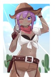 Rule 34 | 1girl, ;), arm up, belt, belt buckle, blush, breasts, brown belt, brown hat, brown pants, buckle, cactus, cleavage, closed mouth, clothing cutout, cowboy, cowboy hat, cowboy western, dark-skinned female, dark skin, day, fate/prototype, fate/prototype: fragments of blue and silver, fate (series), female focus, front-tie top, gun, hair between eyes, hand on headwear, hand up, handgun, hassan of serenity (fate), hat, highres, holding, holding gun, holding weapon, i.u.y, navel, one eye closed, pants, purple eyes, purple hair, revolver, shirt, small breasts, smile, solo, thigh cutout, tied shirt, v-shaped eyebrows, weapon, western, white shirt