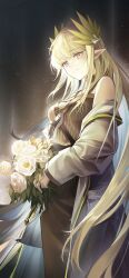 Rule 34 | 1girl, arknights, belt, belt buckle, black belt, black skirt, blonde hair, blush, bouquet, brown shirt, buckle, closed mouth, coat, cowboy shot, flower, grey coat, hair ornament, highres, holding, holding bouquet, long hair, long sleeves, looking at viewer, mole, mole under eye, muelsyse (arknights), off-shoulder shirt, off shoulder, open clothes, open coat, pointy ears, rose, shirt, skirt, solo, umie (iowae), very long hair, white flower, white rose, yellow eyes