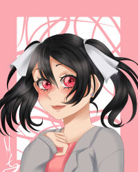 Rule 34 | 1girl, :p, absurdres, artist name, artist request, black hair, blush, bow, duda corazza, earrings, female focus, grey jacket, highres, jacket, jewelry, love live!, love live! school idol project, parted lips, pink background, pink shirt, red bow, red eyes, ribbon, shirt, short hair, solo, tongue, tongue out, twintails, yazawa nico