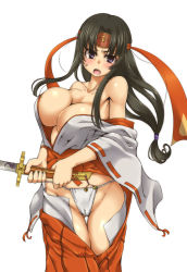 Rule 34 | &gt;:o, 1girl, :o, armpit peek, bare shoulders, bell, black hair, blush, breasts, cameltoe, cleavage, collarbone, fingernails, fundoshi, groin, hair tie, hakama, hakama skirt, headband, highres, holding, holding sword, holding weapon, japanese clothes, jingle bell, kimono, large breasts, legs together, long hair, long sleeves, looking at viewer, low-tied long hair, miko, musha miko tomoe, off shoulder, open mouth, oteruko (wanabeee), purple eyes, queen&#039;s blade, red hakama, ribbon-trimmed sleeves, ribbon trim, shiny skin, sidelocks, simple background, skirt, solo, standing, sweatdrop, sword, thigh gap, tomoe (queen&#039;s blade), tomoe (queen's blade), torn clothes, torn hakama, torn kimono, v-shaped eyebrows, wardrobe malfunction, weapon, white background, white kimono, wide sleeves
