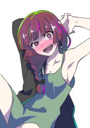 Rule 34 | 1girl, armpits, arms behind head, arms up, black bow, black jacket, blush, bocchi the rock!, bow, braid, breasts, cleavage, collarbone, commentary, dress, drunk, green dress, hair bow, hair over shoulder, hiroi kikuri, interlocked fingers, jacket, jacket partially removed, leg up, long hair, medium breasts, multicolored eyes, nose blush, open mouth, own hands together, purple eyes, purple hair, raised eyebrows, ringed eyes, sharp teeth, sideboob, simple background, sitting, sleeveless, sleeveless dress, solo, spaghetti strap, teeth, tongue, tongue out, totobe, uneven eyes, white background, yellow eyes