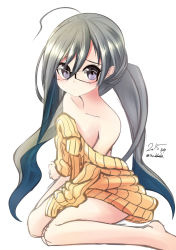 Rule 34 | 10s, 1girl, alternate costume, bad id, bad pixiv id, bare shoulders, black eyes, black hair, glasses, highres, kantai collection, kiyoshimo (kancolle), long hair, nekobaka, oversized clothes, ribbed sweater, sketch, solo, sweater, twintails