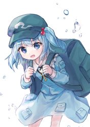 Rule 34 | 1girl, :d, backpack, bag, blue eyes, blue hair, blue skirt, boots, green hat, hair bobbles, hair ornament, hat, highres, kawashiro nitori, key, long sleeves, looking at viewer, lune teinte, open mouth, pocket, shirt, short hair, simple background, skirt, skirt set, smile, solo, touhou, two side up, water drop, white background